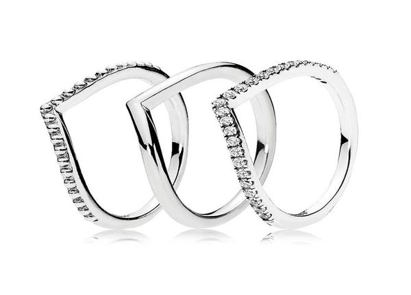

authentic 925 sterling silver ring wish bone ring set with crystal stack rings for women wedding party gift fine europe jewelry4546971, Golden;silver
