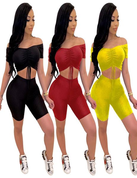 

draw string cropped and shorts two pieces nightclub suits slash neck short sleeves stretchy casual home outfits 2020 2653306, Gray