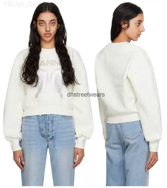 

23ss ganni designer classic sweatshirt fashion hoodie silver butterfly print round neck long-sleeved casual sweater women pullover sportshir, Black