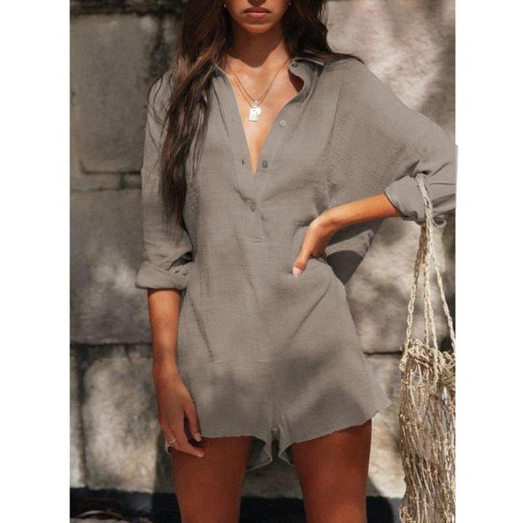 

imcute women039s summer casual jumpsuit linen onepiece outfit folded collar buttons design loose long sleeve romper short pant7874813, Black;white