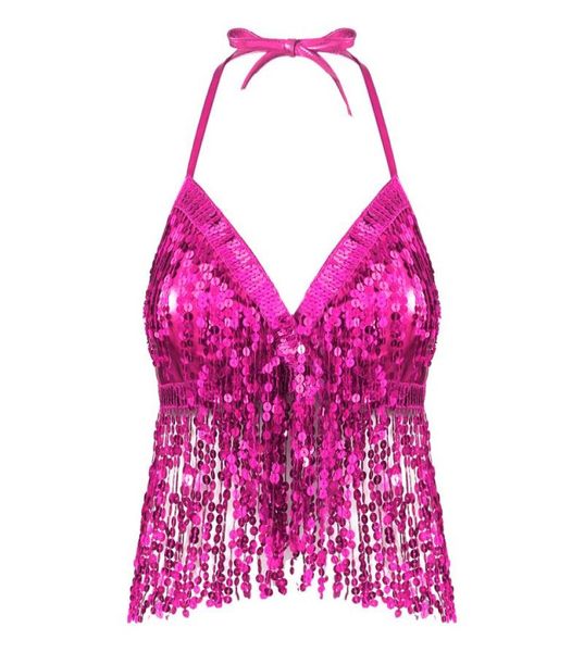 

stage wear womens fashion wet look halter neck and back tie up latin belly dance bra with sequins tassel party club costume4114749, Black;red