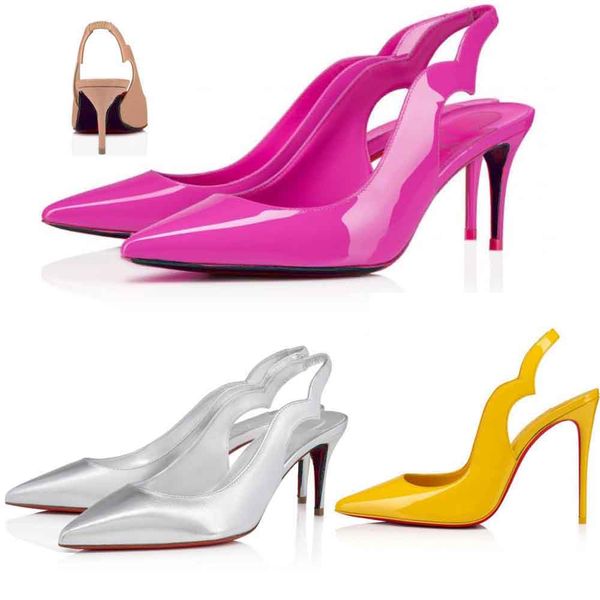 

summer sandal mid heeled chick sling pumps patent leather pointy slingback sandals hicksling dress party wedding shoes, Black