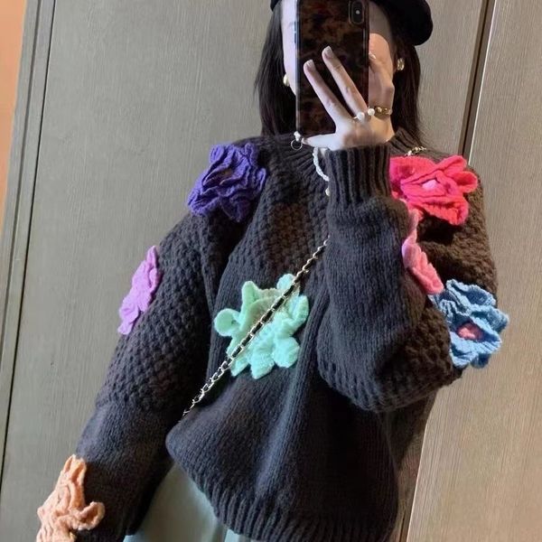 

women's sweaters sweater women korean autumn winter 3d flower oneck full vintage keep warm girls allmatch small fresh 230831, White;black