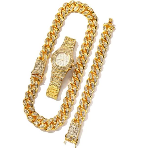 

silver color necklace watchbracelet hip hop miami curb cuban chain full iced out paved rhinestones cz bling for men jewelry7732464