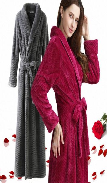

extra long dobby coral fleece bathrobe women men flannel winter warm kimono bath robe femme lingerie bridesmaid dressing gown y2001241998, Black;red