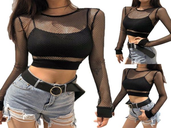 

women039s ladies long sleeve crew neck tshirt plain stretch see through sheer mesh fishnet clubwear crop tshirt blac7320456, White