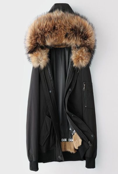 

real rabbit fur coats for mens shearling jacket winter parkas raccoon fur collar snow overcoat outerwear warm windbreaker plus siz1187289, Black