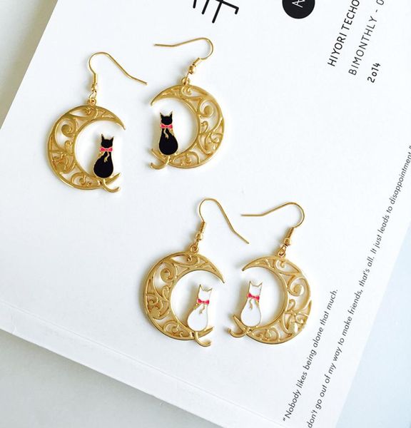 

cute animal cat shape earrings black white cat earrings lovely hollow moon cat pendant earring ear stud fashion jewelry accessorie6358942, Golden