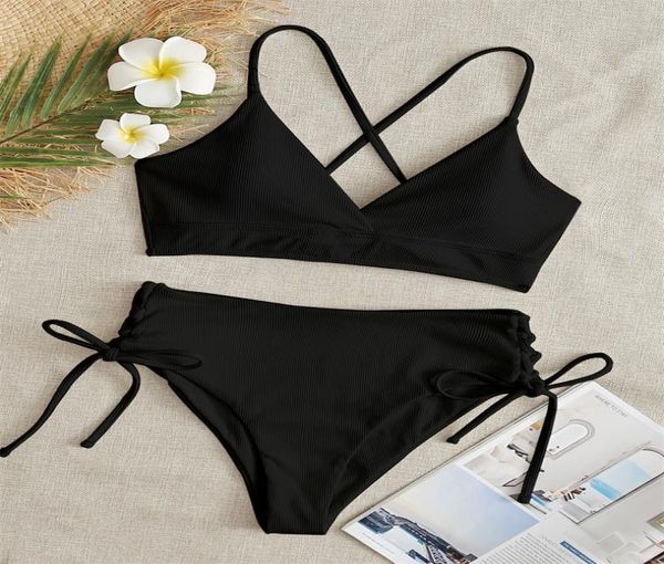 

swimwearss bikini women swimsuit 2022 new black lace up ribbed swimwear high waist bikinis set summer beach bathing suit for 8974027, White;black