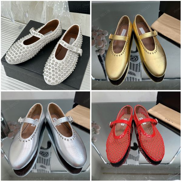 

womens alaia shoes ballet flats designer shoes round head rhinestone flat shoes women luxury leather rivet buckle mary jane shoes comfortabl, Black