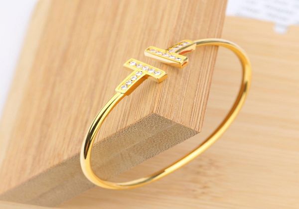 

double tshaped opening design cuff bracelet chain simple inlaid diamond ladies fashion luxury banquet small fresh stainless steel1237695, White