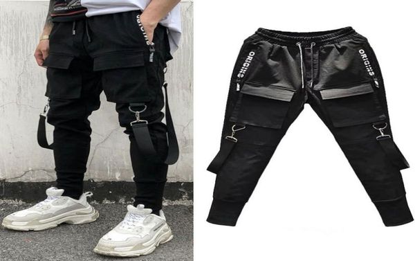 

hip hop men cargo pants high street kpop casual cargo pants with pockets joggers modis streetwear trousers asian size1393153, Black