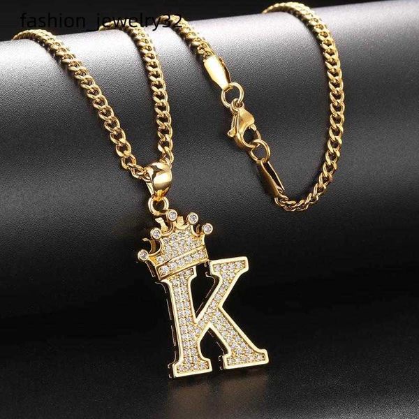 

pendant necklaces initial letter necklace for women punk hip hop gold stainless steel cuban link chain customized name crown cz jewelrypenda, Silver