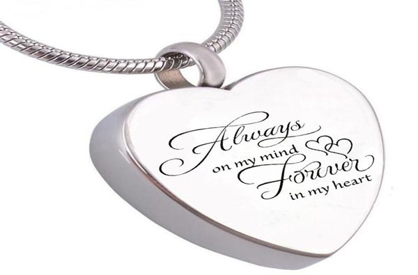 

fashion stainless steel jewelry always on my mind forever in my heart cremation urn jewelry heart memorial ash keepsake necklace2141220, Silver
