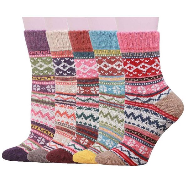 

5 pack womens thick warm knit vintage stripe comfort cotton casual wool crew winter socks6752902, Black;white