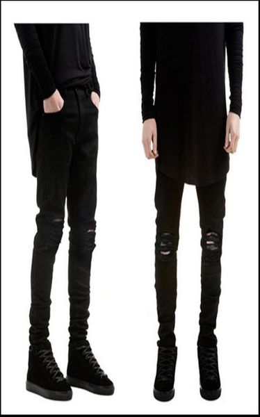 

men039s slim fit jeans high street pure black distressed elastic jeans do old washed pencil pants motorcycle biker denim jogger6107703, Blue