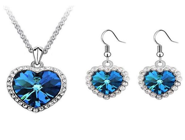 

crystal from rovski elements blue crystal heart necklaces pendants 18k gold plated drop earrings for women jewelry set 55339886133, Silver