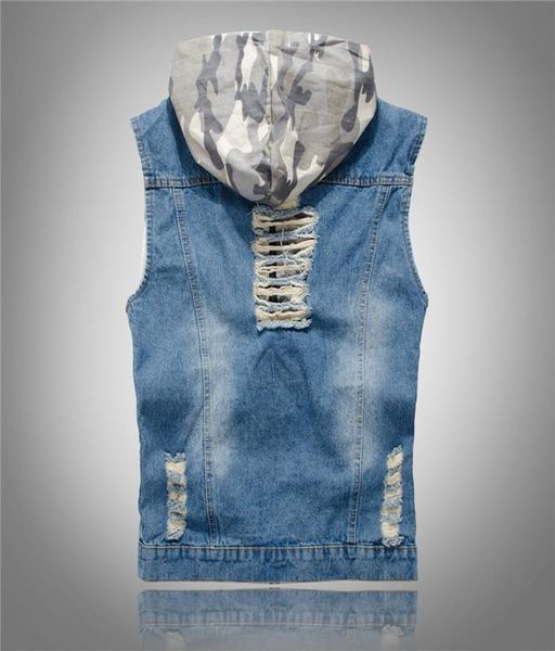 

whole 2021 vest jean ripped jacket denim jeans waistcoat male cowboy brand sleeveless jacket mens tank vest hooded men m7188763, Black