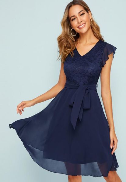 

lace bodice fit and flare self belted dress she01234565088697, Black;gray