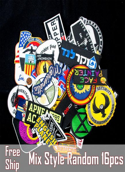 

cool mix style random 16pcs all kinds of iron on patches embroidery patches for clothing jacket bag appliques 3639971, Black