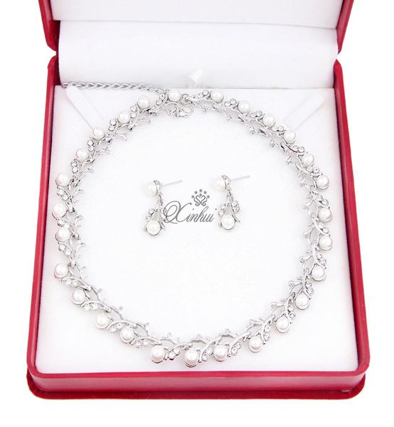 

concise pearl necklace earrings suit bride jewelry marry wedding zircon set chain jewellery 30024816496, Silver