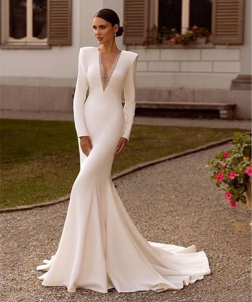 

elegant long crepe o-neck beaded wedding dresses mermaid ivory buttons back sweep train vestidos de novia abendkleider maxi bridal gowns wit, White