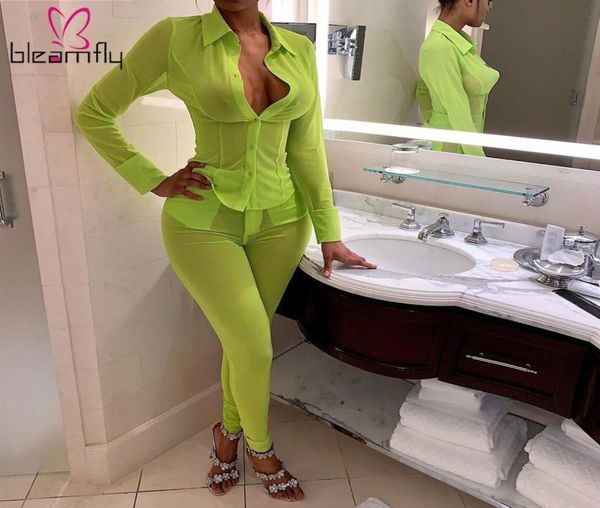 

neon green mesh sheer women two pieces set turn down collar long sleeve button pocket pants matching sets see through shirts4211522, White