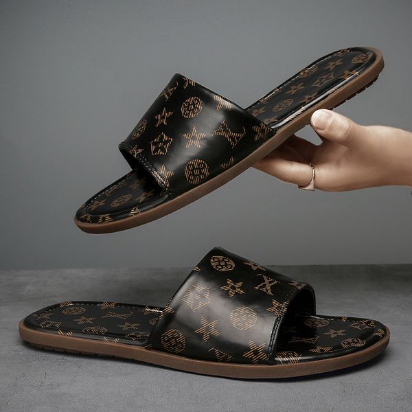 

trendy men's women's summer high-end leather slippers sandals beach slide fashion indoor shoes size 40-45, Black