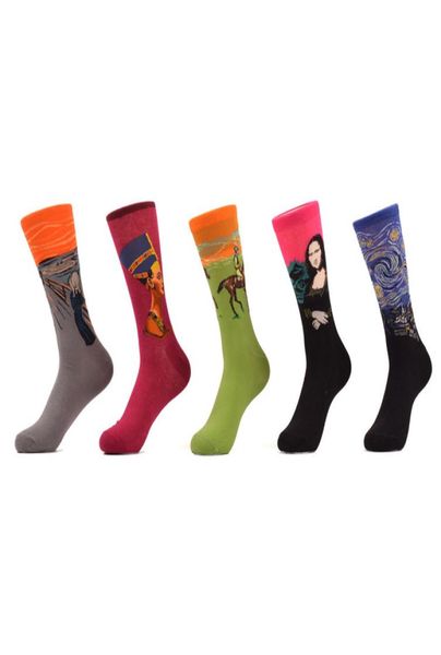 

5 pair lot combed cotton colorful van gogh retro oil painting men socks cool casual dress funny party dress crew socks1287567, Black