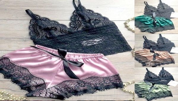 

women lace v neck pajamas set lingerie sleeveless nightwear spaghetti strap vestshort pants sleeping wear4918560, Black;red