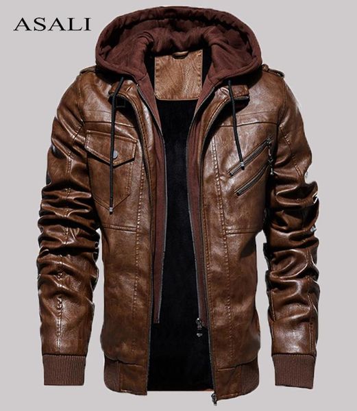 

casual motorcycle pu jacket mens winter autumn fashion leather jackets male slim removable hooded warm outwear fleece clothing7975116, Black