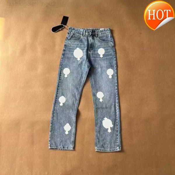 

men's jeans 2023 designer make old washed chrome straight trousers heart letter prints long, Blue