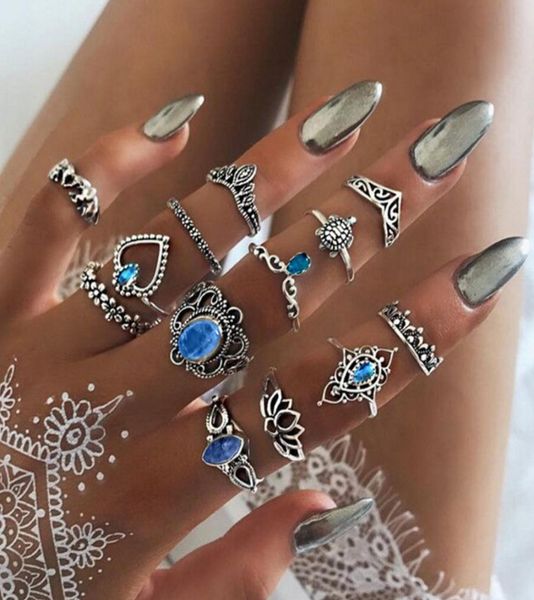 

bohemian retro sapphire ring set flower leaves gem antique gold silver crystal crown rings for women wedding gift party jewelry wh2567273