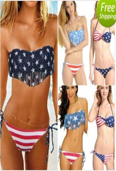 

1 pecs sell summer lady push-up padded usa bikinis boho aman flag fringe tassel bandage bathing suits swimwear3882205, White;black