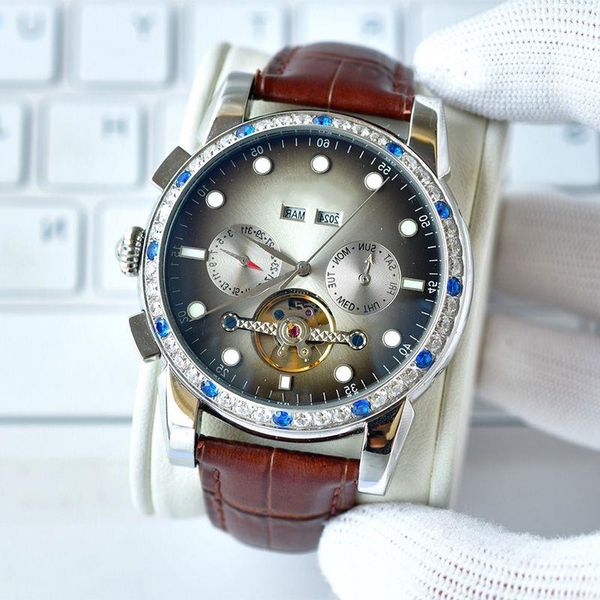 

42mm mens wristwatch diamond strap mechanical movement bezel sapphire hollow wristwatches fashion watches leather watches watch out aut nncr, Slivery;brown