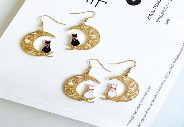 

cute animal cat shape earrings black white cat earrings lovely hollow moon cat pendant earring ear stud fashion jewelry accessorie2362779, Golden