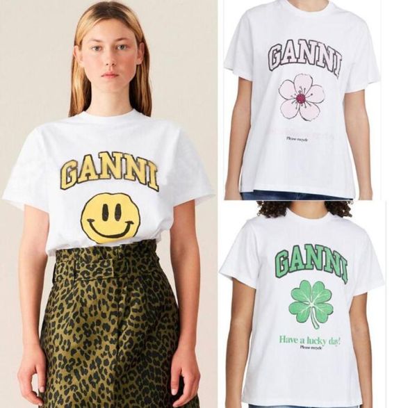 

women 35ganni tshirt clover cherry blossoms smiling face short sleeve print northern europe blogger highquality temperament cott7444721, White