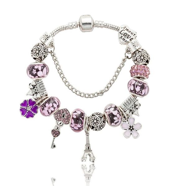 

new 925 silver charm beads crystal charm bracelet eiffel tower pendant women love beads bracelet diy jewelry whole accessories7774085, Black