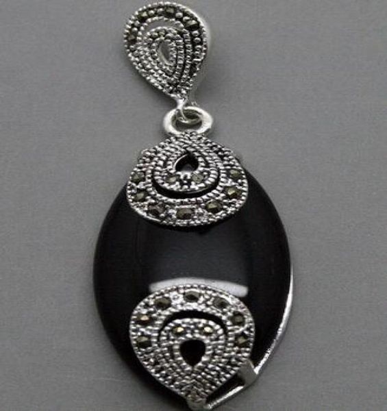 

vintage 18mmx40mm marcasite black agates 925 sterling silver drop pendant9557825
