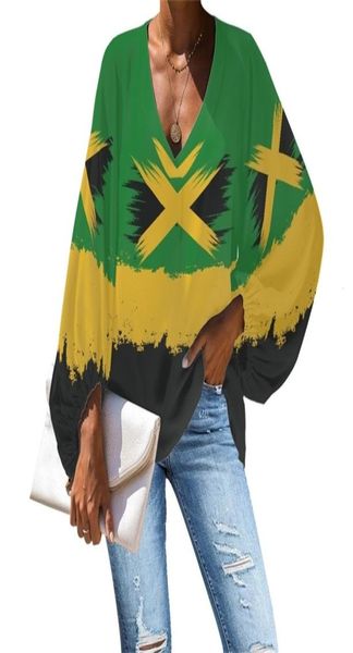 

jamaica flag print large size women long sleeve elegant shirt girls spring autumn v neck chiffon blouse blouses w2206181998167, White