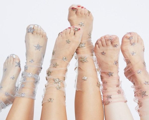 

style women ultrathin fashion net gauze socks shiny stars pile socks tulle transparent socks3892987, Black;white