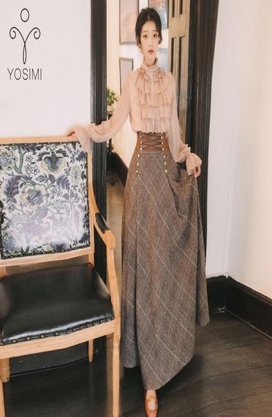

yosimi 2020 autumn winter long sleeve blouse and woolen plaid skirt and set suit women two piece outfits sweater skirt8541862, White