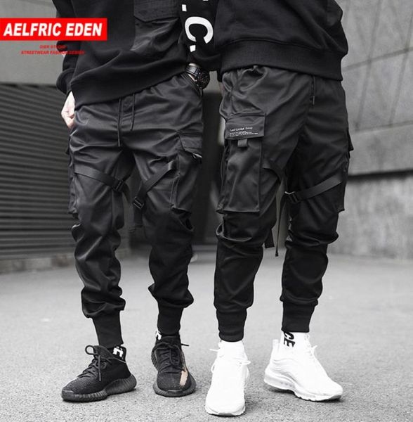 

aelfric eden men ribbons cargo pants black pocket casual streetwear 2019 harem joggers harajuku sweatpants male hip hop trousers y2888429
