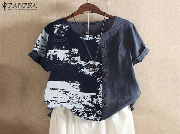 

vintage patchwork women s printed blouse 2020 zanzea casual short sleeve summer shirts female summer blusas plus size y206940265, White