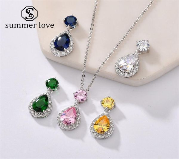 

fashion teardrop 3a cubic zirconia stud earrings pendant necklace jewelry for women standard 925 sterling silver bridesmaid weddin7731697, Golden;silver