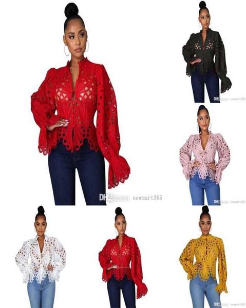 

retail women shirts designer hollow out trumpet sleeves lace breathable blouses ladies cardigan 9105168, White