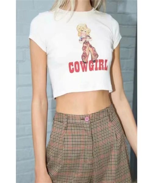 

women cowgirl print crop tee short sleeve crop tshirt 2104013000689, White