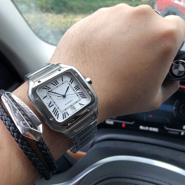 

superclone santos watch original thick 9.08mm cater manual steel mens watches wssa0009with quick link switch strap ll46 mechanical movement, Slivery;golden