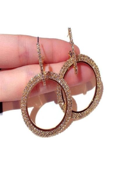 

mengjiqiao 2018 new fashion statement full rhinestone big circle earrings for women luxury shiny crystal oval long pendientes s9146930264, Silver