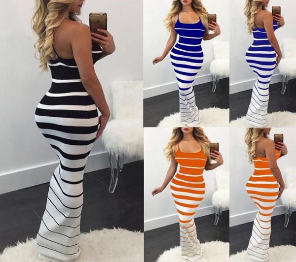 

fashionhirigin new women summer striped slim dress off shoulder casual bandage bodycon evening party long maxi dress skinny8374756, Black;gray